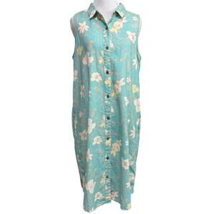 Paradise Now Collared Button Down Dress L Teal Hawaiian Floral Linen Cotton